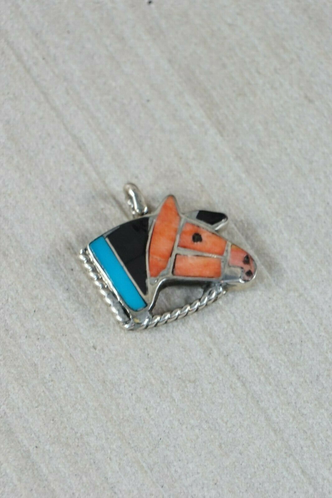 Zuni Spiny Oyster & Turquoise Sterling Silver Horse Pendant - Robbie Zunie - High Lonesome Trading