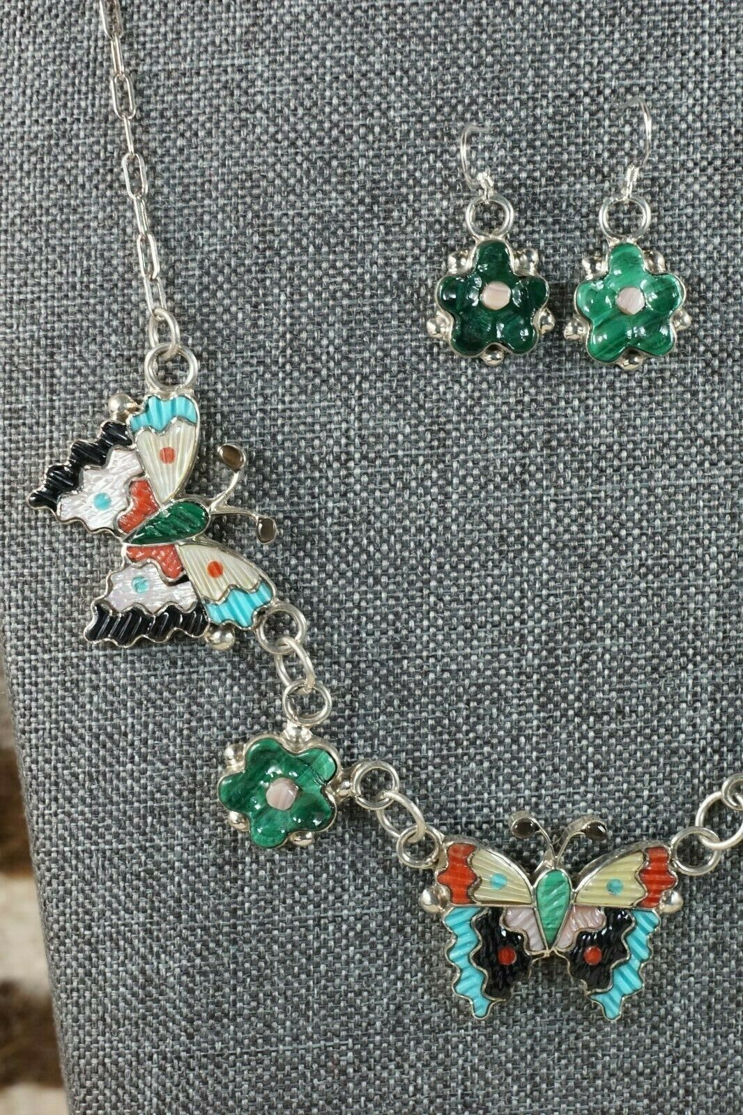 Zuni Inlay Butterfly and Flower Necklace and Earrings - Tamara Pinto - High Lonesome Trading