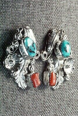 Turquoise, Coral & Sterling Silver Earrings - Harry B Yazzie