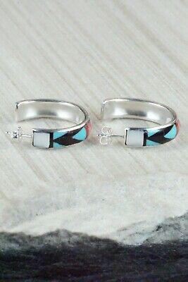 Multi Stone Inlay & Sterling Silver Hoop Earrings - Delberta Boone - High Lonesome Trading