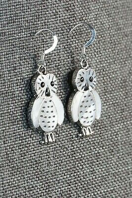 Zuni Owl Mother of Pearl & Sterling Silver Earrings - Reginda Kallestewa - High Lonesome Trading