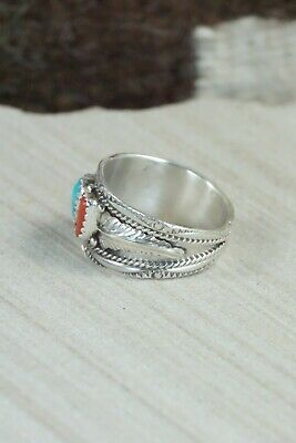 Turquoise, Coral and Sterling Silver Ring - Harrison & Betty Begay - 11.5