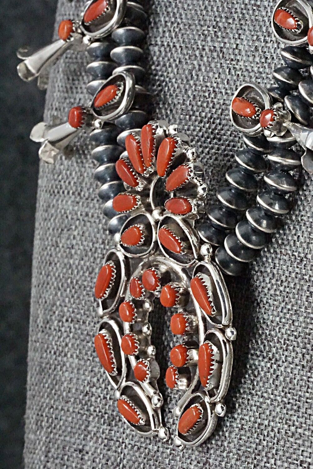 Coral & Sterling Silver Squash Blossom and Earrings - Vie Bobelu