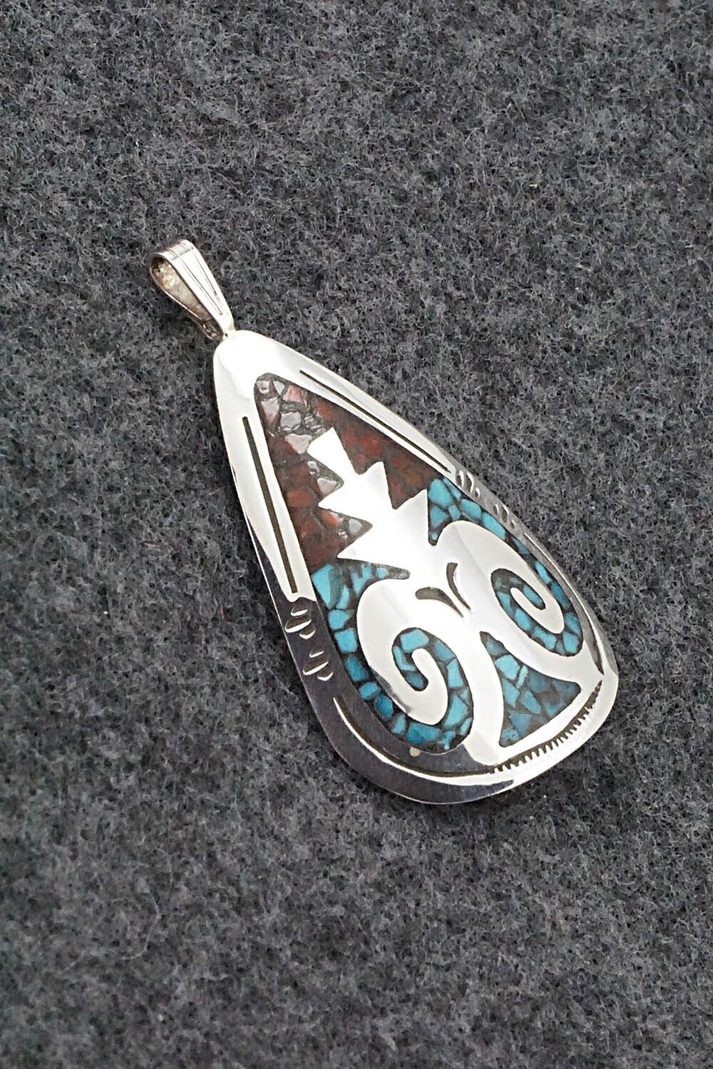 Turquoise, Coral and Sterling Silver Pendant - Jolene Yazzie