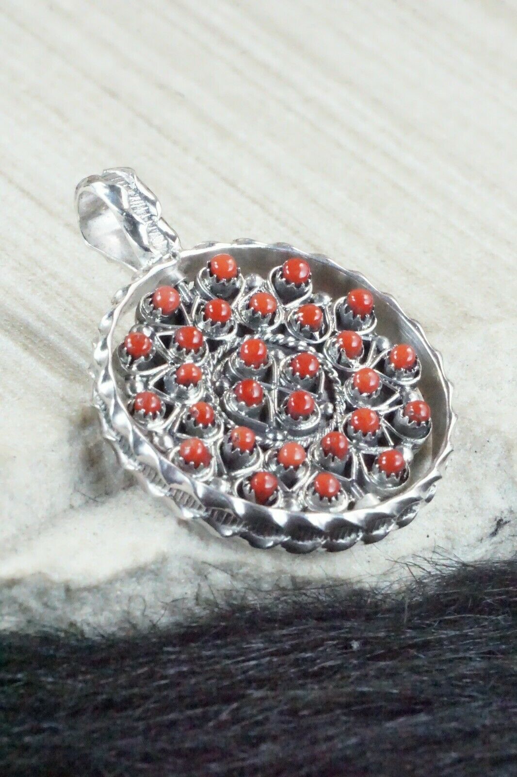 Turquoise, Coral & Sterling Silver Pendant - Wayne Johnson Sr. - High Lonesome Trading