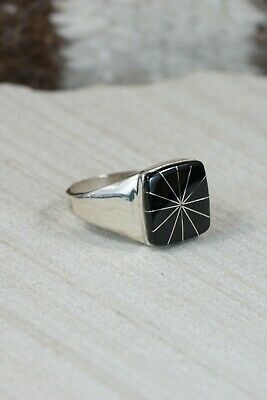 Navajo Onyx & Sterling Silver Ring - Jefferson Lee - Size 10.5