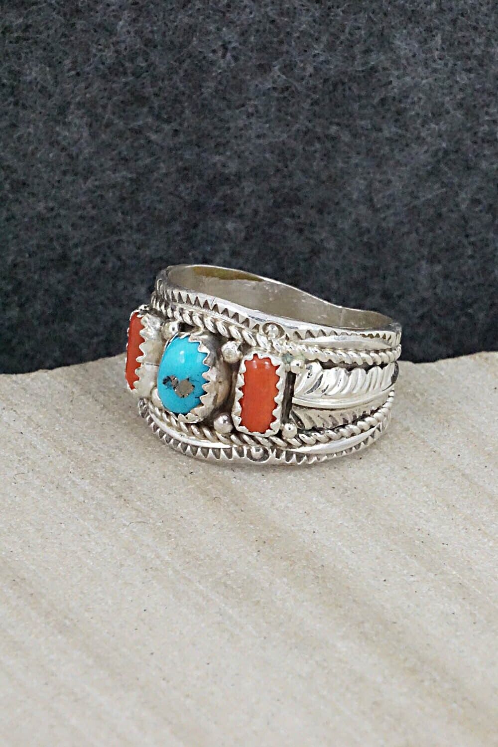 Turquoise, Coral and Sterling Silver Ring - Betty Begay - Size 9.5