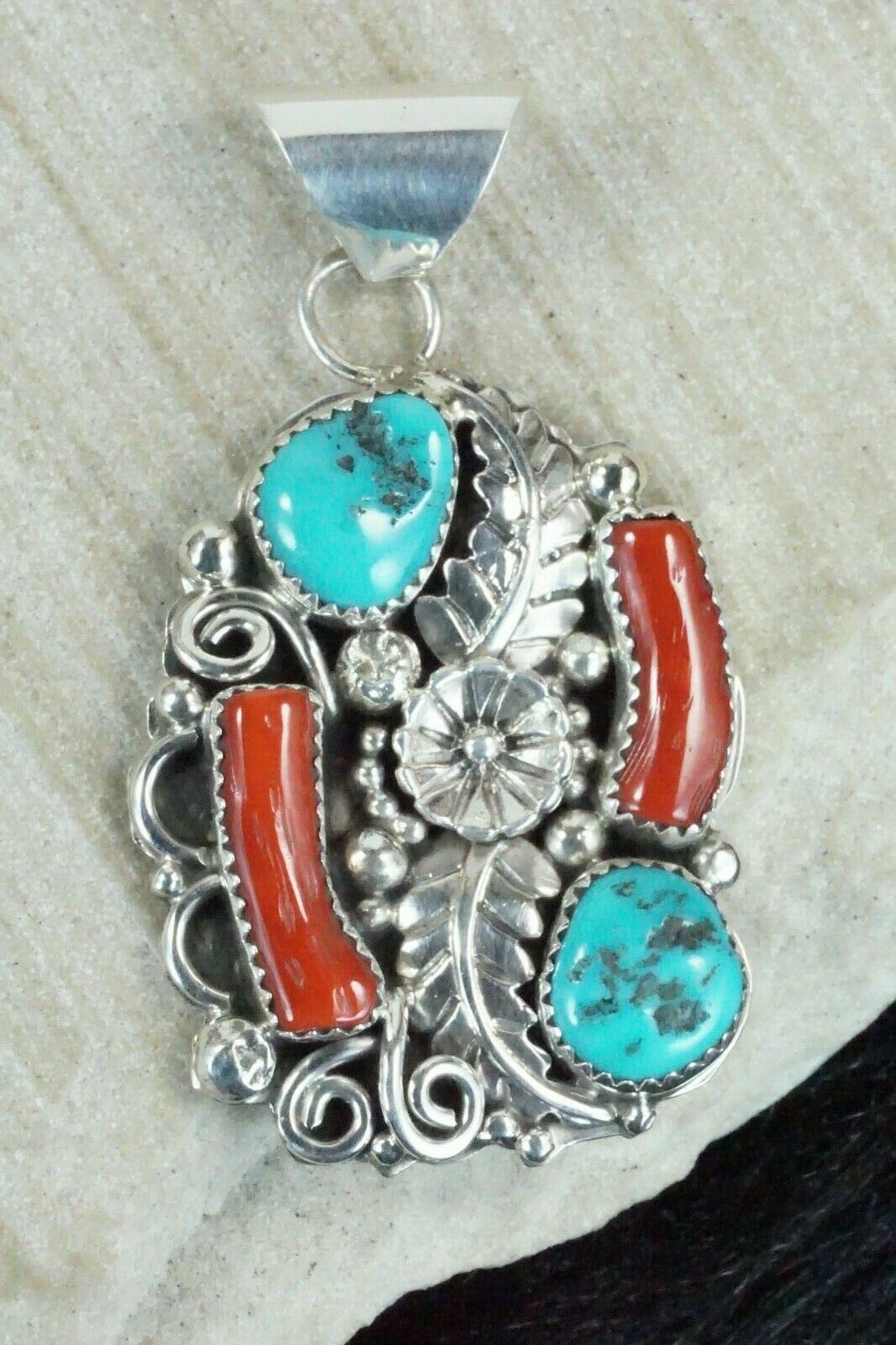 Turquoise, Coral & Sterling Silver Pendant - Shirley Largo