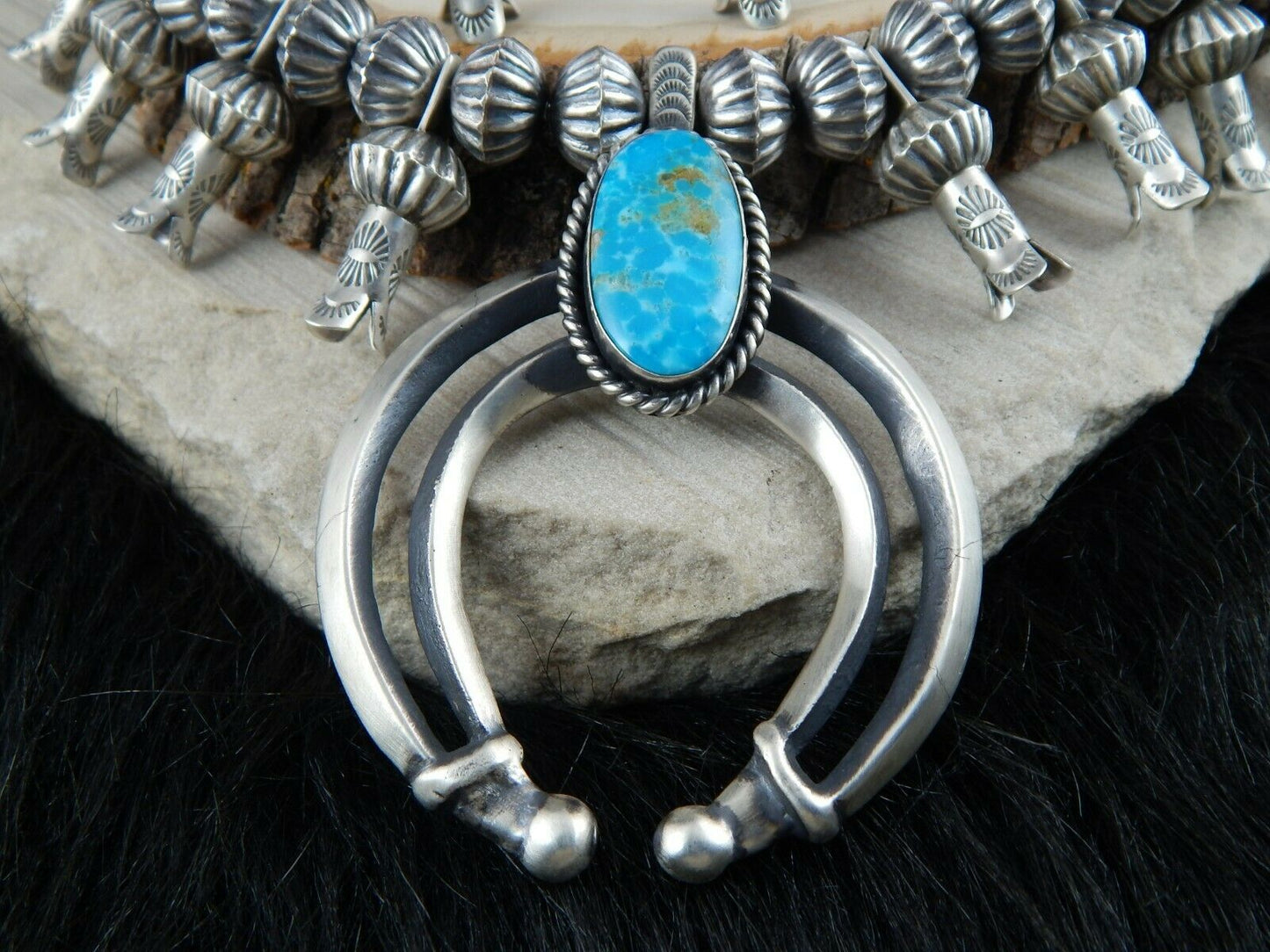Turquoise & Sterling Silver - Navajo Squash Blossom & Earrings - Chris Hale - High Lonesome Trading