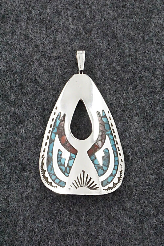 Turquoise, Coral and Sterling Silver Pendant - Jolene Yazzie