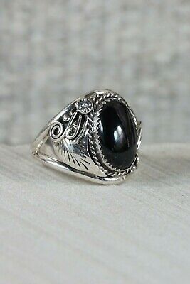 Navajo Onyx and Sterling Silver Ring - Leonard Spencer - Size 14.75 - High Lonesome Trading