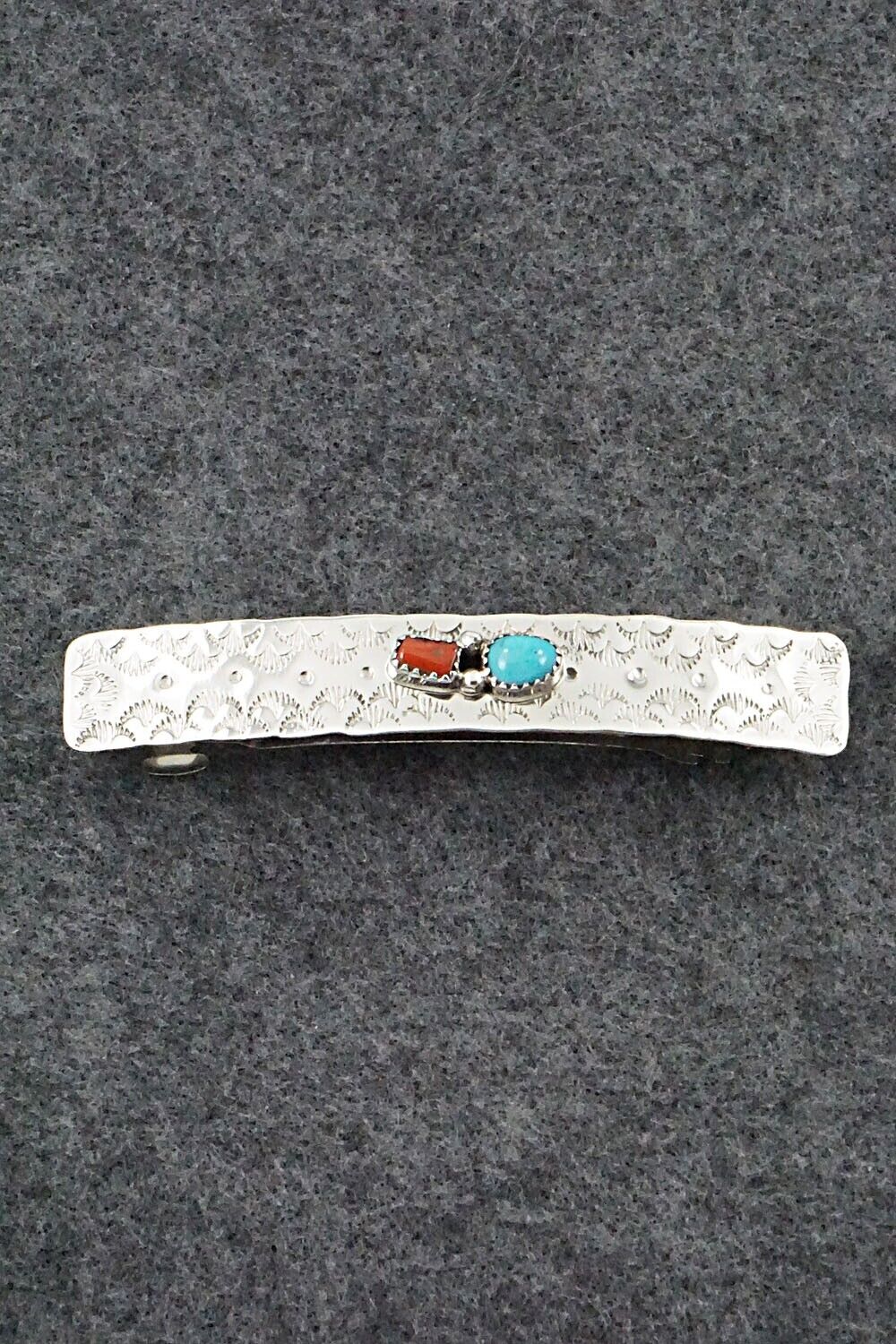 Turquoise, Coral & Sterling Silver Hair Barrette - Sally Arviso