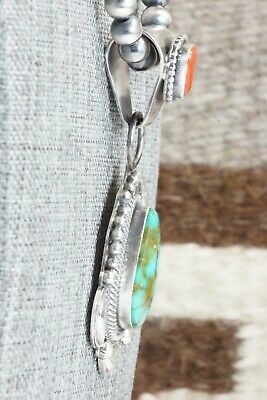 Turquoise, Coral Pendant & Sterling Silver Necklace - Tom Lewis