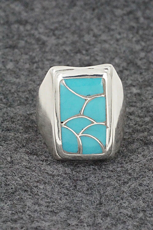Turquoise & Sterling Silver Inlay Ring - Orena Leekya - Size 10