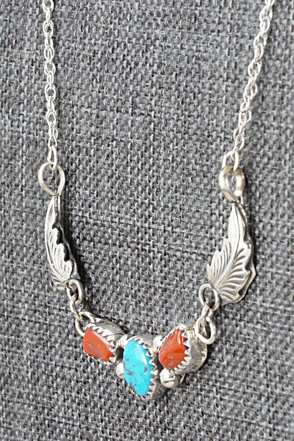 Turquoise, Coral & Sterling Silver Necklace - Verley Betone