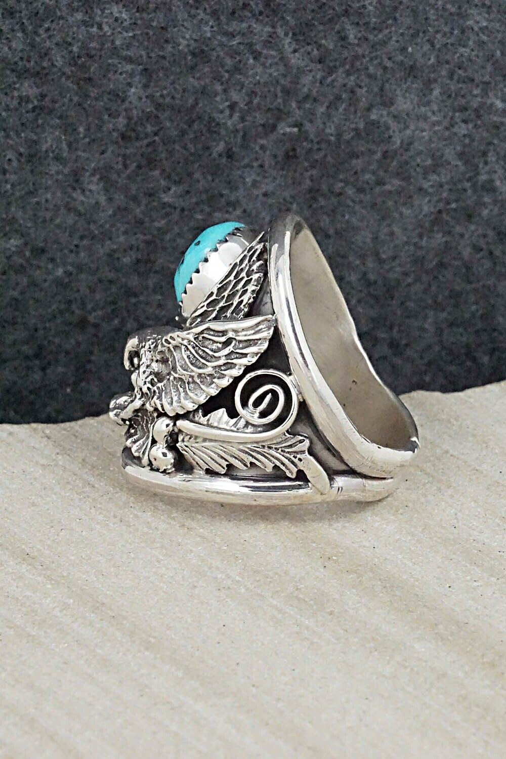 Turquoise, Coral & Sterling Silver Ring - Jeannette Saunders - Size 9.25