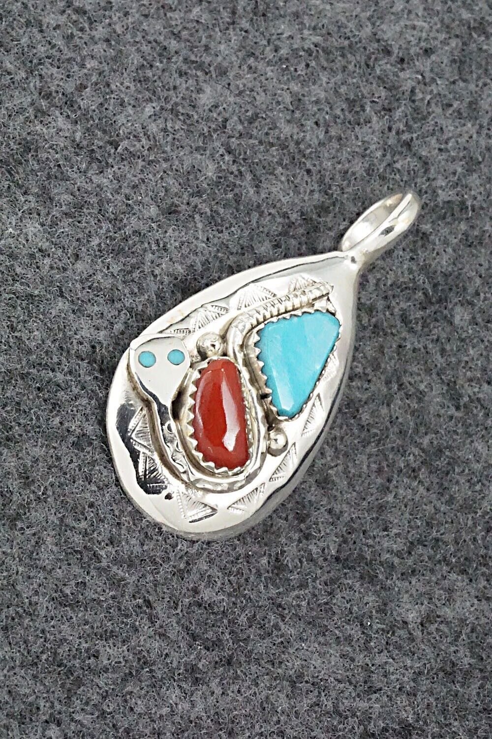 Turquoise, Coral and Sterling Silver Pendant - Joy Calavaza