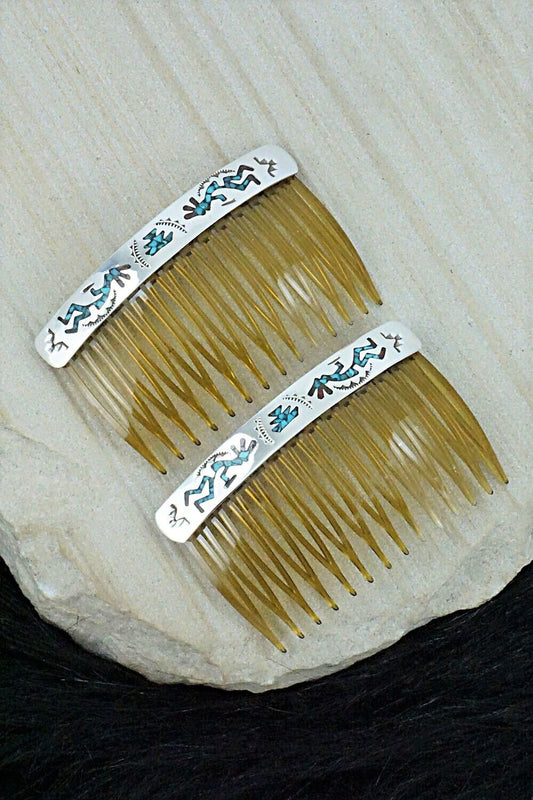 Turquoise, Coral Chip Inlay & Sterling Silver Hair Combs - Joleen Yazzie