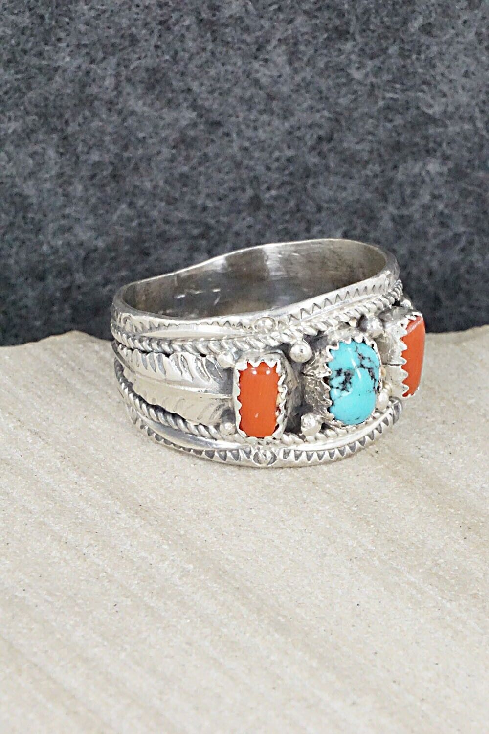 Turquoise, Coral and Sterling Silver Ring - Betty Begay - Size 12