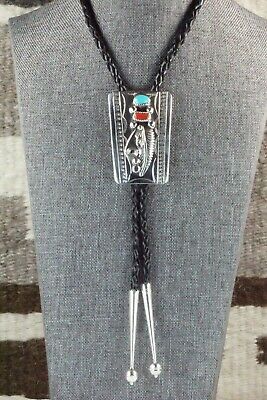 Turquoise, Coral & Sterling Silver Bolo Tie - Wilbur Myers