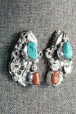 Turquoise, Coral & Sterling Silver Earrings - Harry B Yazzie