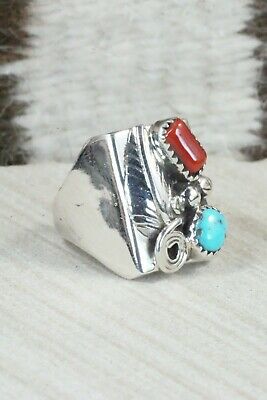 Turquoise, Coral and Sterling Silver Ring - Wilbur Myers - Size 9
