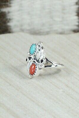 Turquoise, Coral & Sterling Silver Ring - Sharon McCarthy - Size 6.75