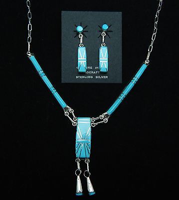 Zuni Sterling Silver, Turquoise Necklace & Earrings Set - Jolene Lamy - High Lonesome Trading