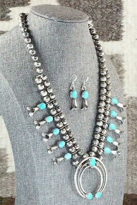 Turquoise & Sterling Silver Squash Blossom and Earrings - Leon Kirlie