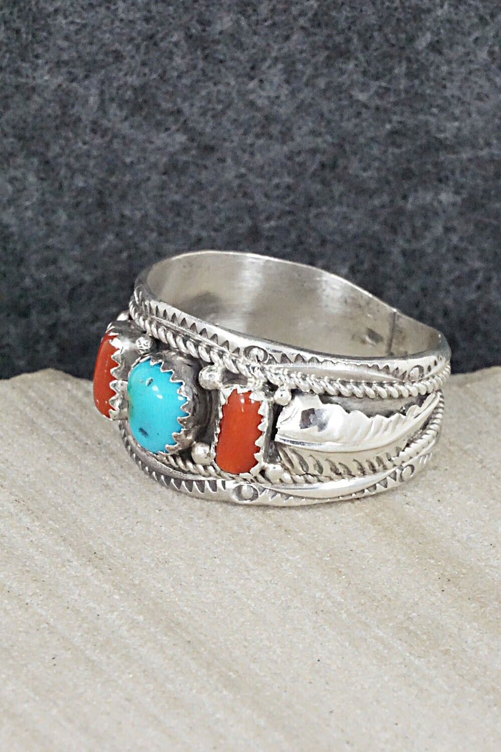 Turquoise, Coral and Sterling Silver Ring - Betty Begay - Size 13.25