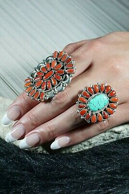 Navajo Turquoise Coral and Sterling Silver Ring Eric and Justina Wilson - Size 7 - High Lonesome Trading