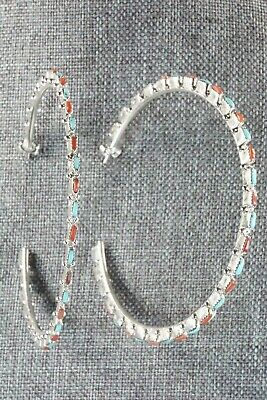 Turquoise, Coral & Silver Hoop Earrings - Alvin & Aurelia Hughte - High Lonesome Trading