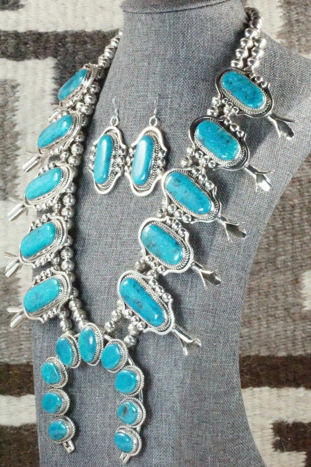 Turquoise & Sterling Silver Squash Blossom Necklace and Earrings - Leslie Nez