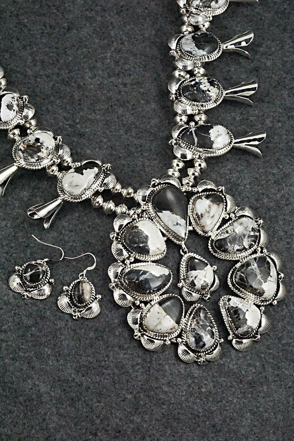White Buffalo & Sterling Silver Squash Blossom Set - Vernon Johnson