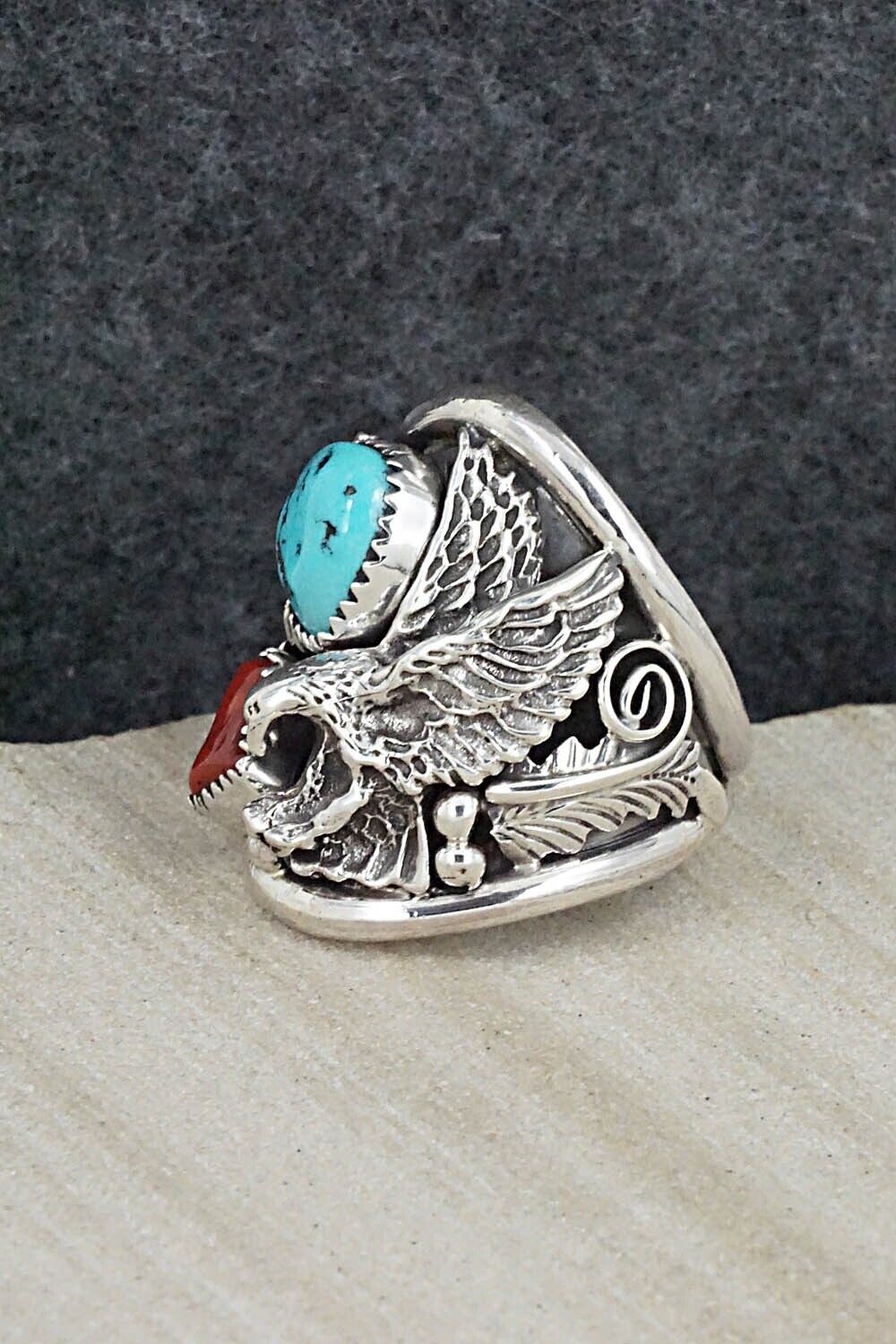 Turquoise, Coral & Sterling Silver Ring - Jeannette Saunders - Size 9.25