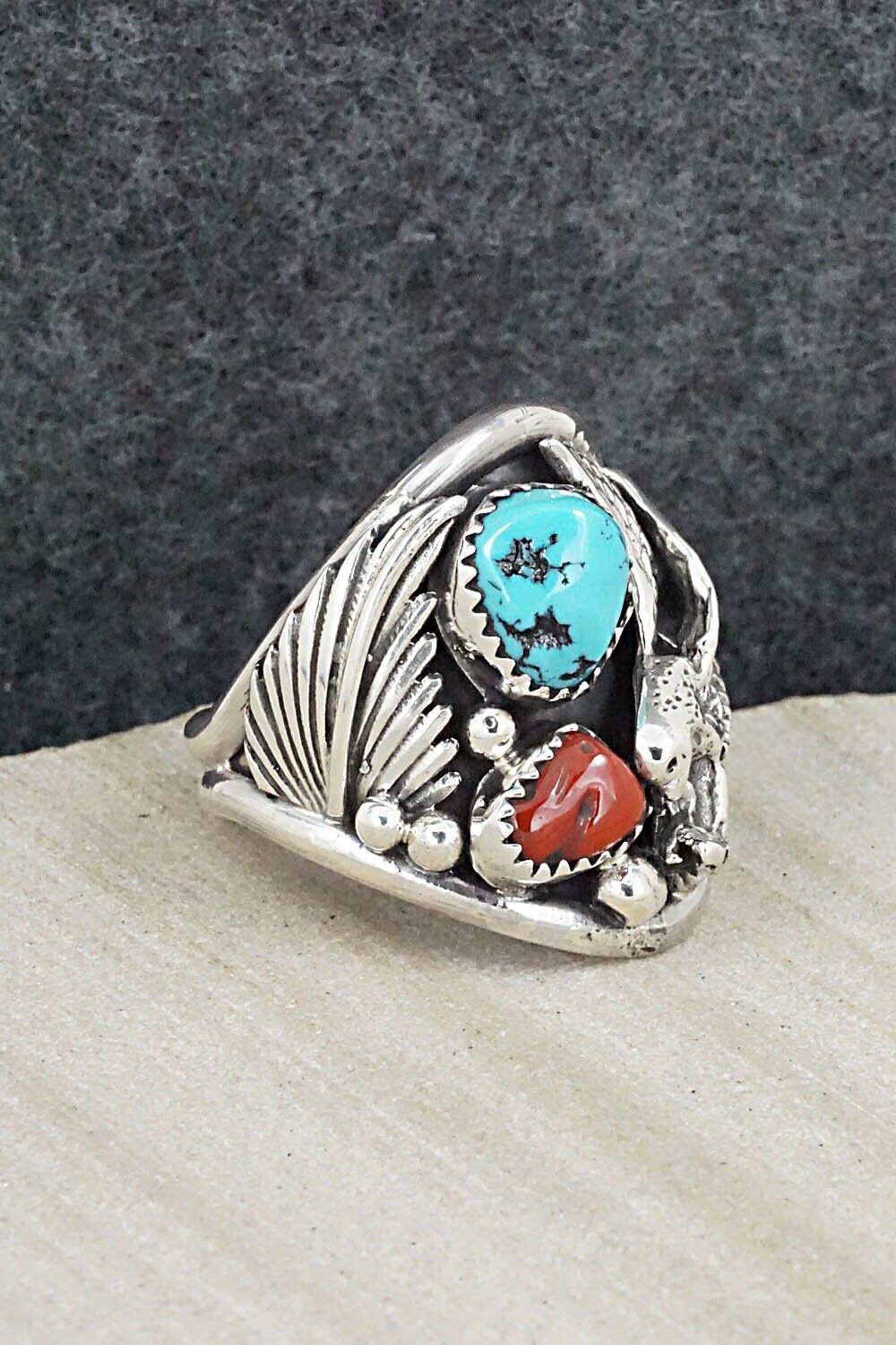Turquoise, Coral & Sterling Silver Ring - Jeannette Saunders - Size 10.5