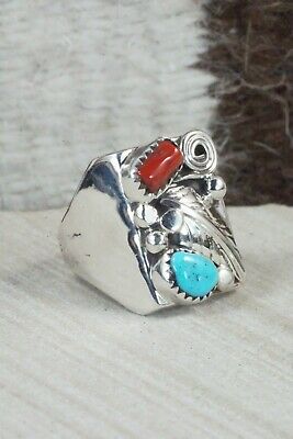 Turquoise, Coral and Sterling Silver Ring - Wilbur Myers - Size 9