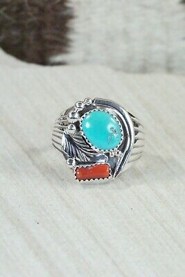 Navajo Turquoise, Coral & Sterling Silver Ring - Jeanette Saunders - Size 10.75