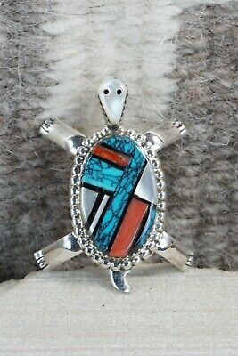 Zuni Inlay Turquoise, Mother of Pearl and Coral Turtle Pendant - Wayne Haloo