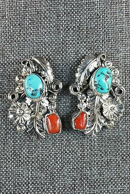 Navajo Turquoise, Coral & Sterling Silver Earrings - Harry Yazzie - High Lonesome Trading
