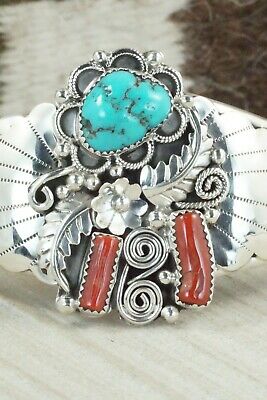 Turquoise, Coral & Sterling Silver Bracelet - Shirley Largo