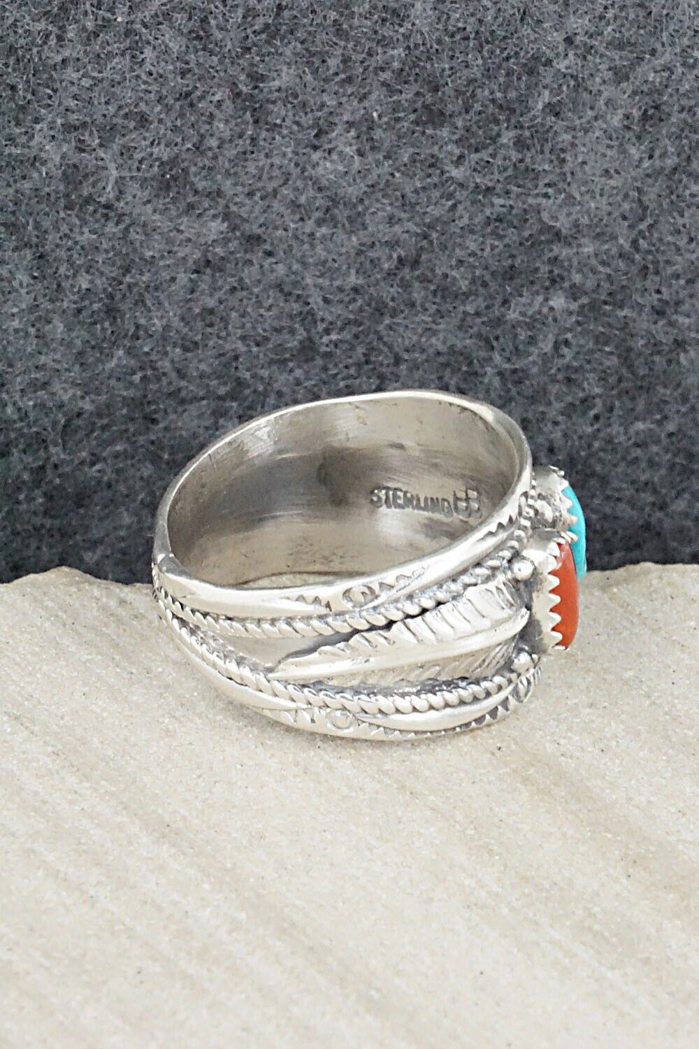Turquoise, Coral and Sterling Silver Ring - Betty Begay - Size 10.5