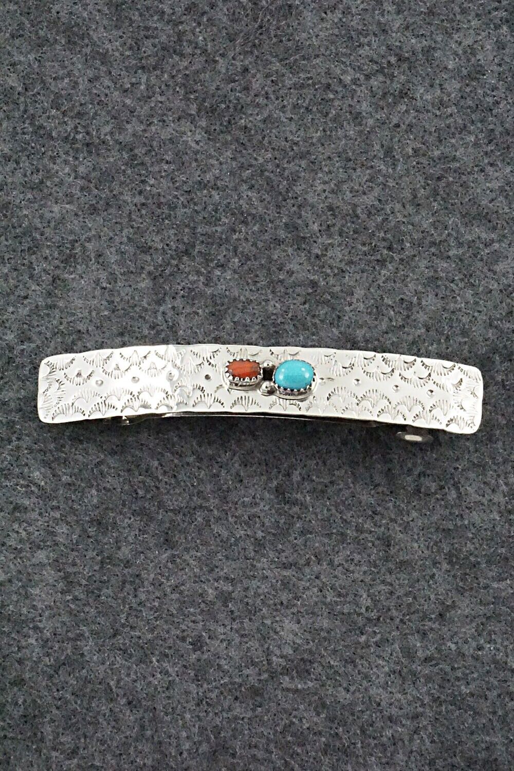 Turquoise, Coral & Sterling Silver Hair Barrette - Sally Arviso