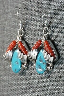 Zuni Turquoise, Coral & Sterling Silver Earrings - Lyolita Tsattie
