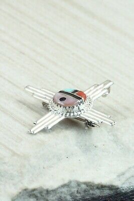Turquoise, Coral & Sterling Silver Sun Face Pendant/ Pin - Elvira Kiyite