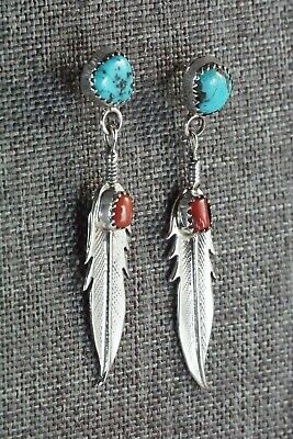 Navajo Turquoise, Coral & Sterling Silver Earrings - Roger Pino