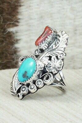 Turquoise, Coral & Sterling Silver Ring - Harry Yazzie - Size 6.5