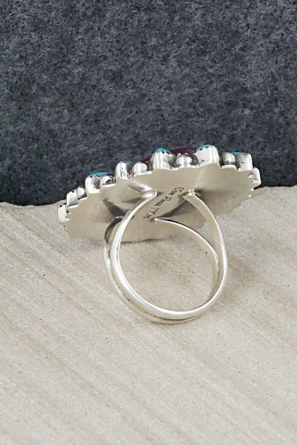 Turquoise, Spiny Oyster & Sterling Silver Ring - Tom Lewis - Size 9.25