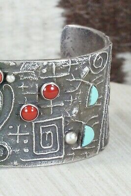 Turquoise, Coral and Sterling Silver Bracelet - Stuart Billie