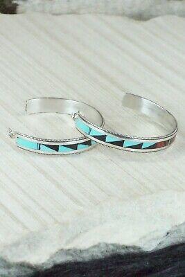 Multi Stone Inlay & Sterling Silver Hoop Earrings - Phil Weahkee - High Lonesome Trading